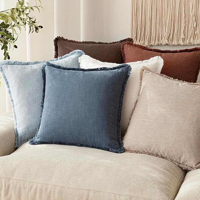 Foindtower Set of 2 Decorative Linen Fringe Throw Pillow Covers Cozy Farmhouse Cushion Cover with Tassels Accent Pillowcase for Couch Chair Sofa Bed Living Room Home Decor,18×18 Inch,Dark Blue