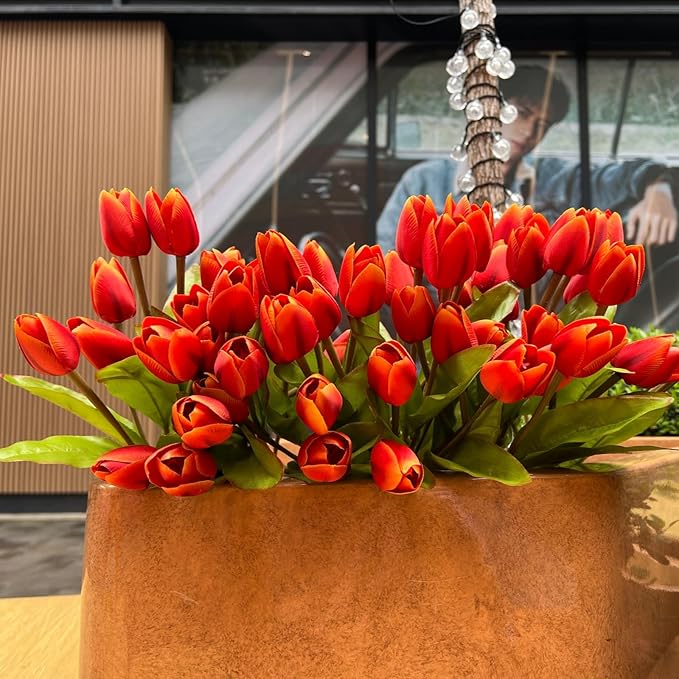 Artificial Fake Flowers Tulip for Outdoor Decoration,UV Resistant Faux Plastic Fabric Greenery Shrubs Plants Fake Flowers Hanging Planter Kitchen Home Garden Wedding Decor (Orange)
