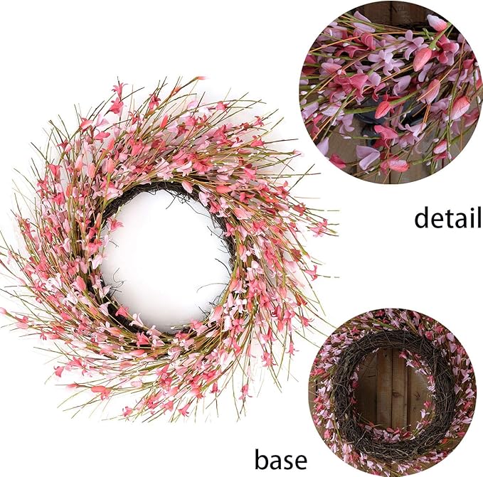 Bibelot 18inch Artificial Forsythia Flower Wreath, All Year Around Wreath for Front Door, Wedding Window Home Wall Indoor Front Door Decor (Pink, 18in)