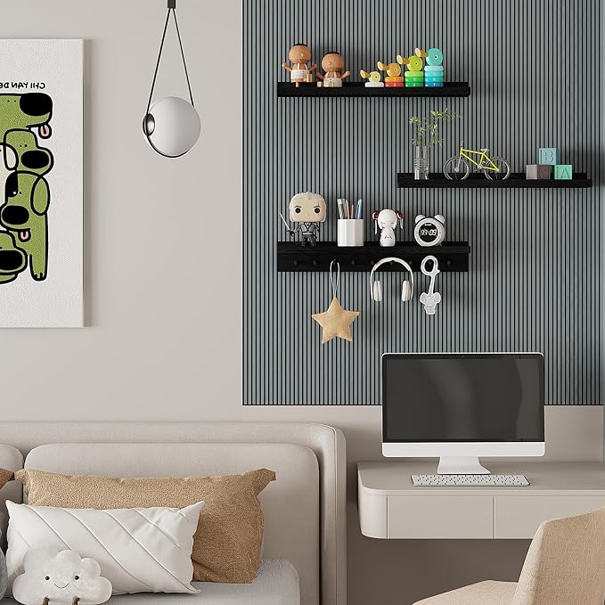 MBYD Solid Wood Black Floating Shelves for Entryway, 24 Inch Wall Shelf with Hooks & Wooden Pegs, Modern Versatile Picture Ledge to Organize Living Room, Bedroom, Declutter Items & Hang Keys, Bags
