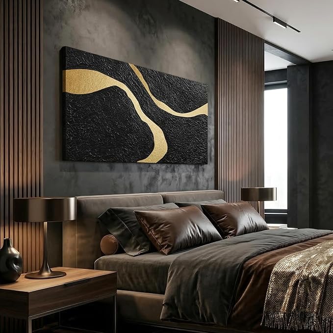 Large Horizontal Abstract Black & Gold Canvas Wall Art, Modern Wall Decor | Neutral Oil Textured Painting, Minimalist Contemporary Artwork for Living Room Bedroom Office Hallway Dining Room, 24x48 In