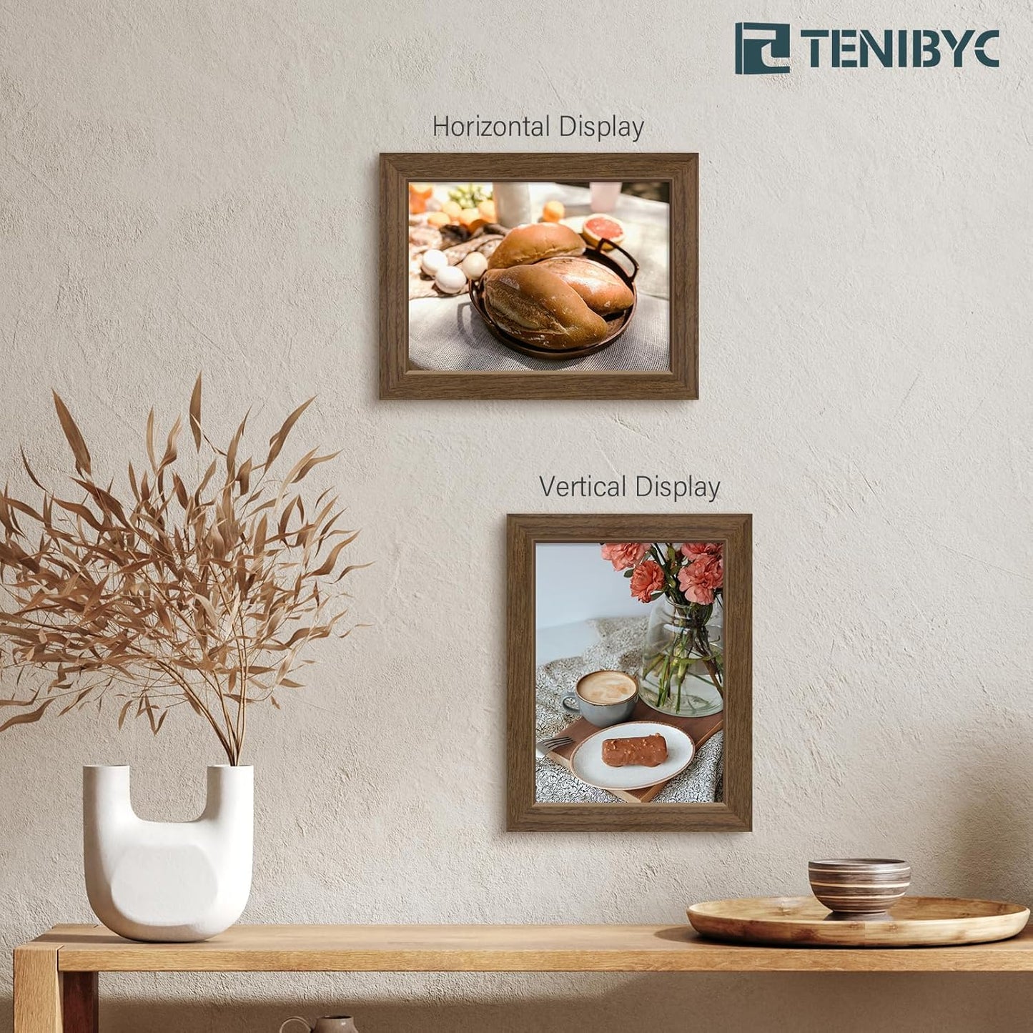 5x7 Picture Frame 3 Pack - Brown Woodgrain, Wood Photo Frame, HD Tempered Glass, Table Display or Wall Hanging