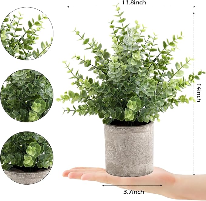 Coferset 2 Pack Small Fake Plants 14" Eucalyptus Potted Artificial Plants for Shelf Desk Home Bathroom Farmhouse Room Coffee Table Decor (Sage Green-Large)