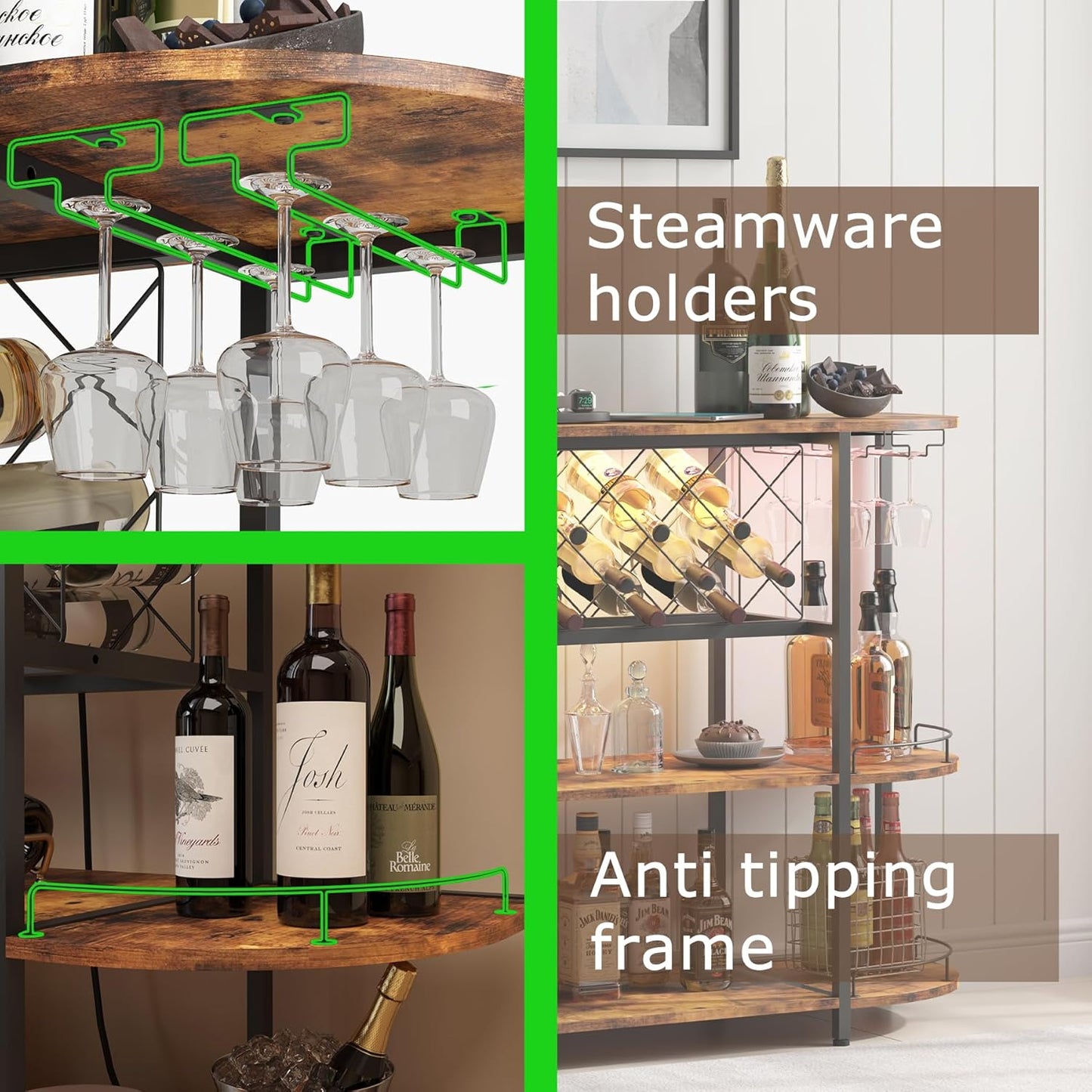 Wine Cabinet Bar Cart Table with Power Socket and LED Light, Three Tiers Coffee Bar Table Wine Rack Liqour Bar with Large Storage for Home Kitchen (Retro Brown)