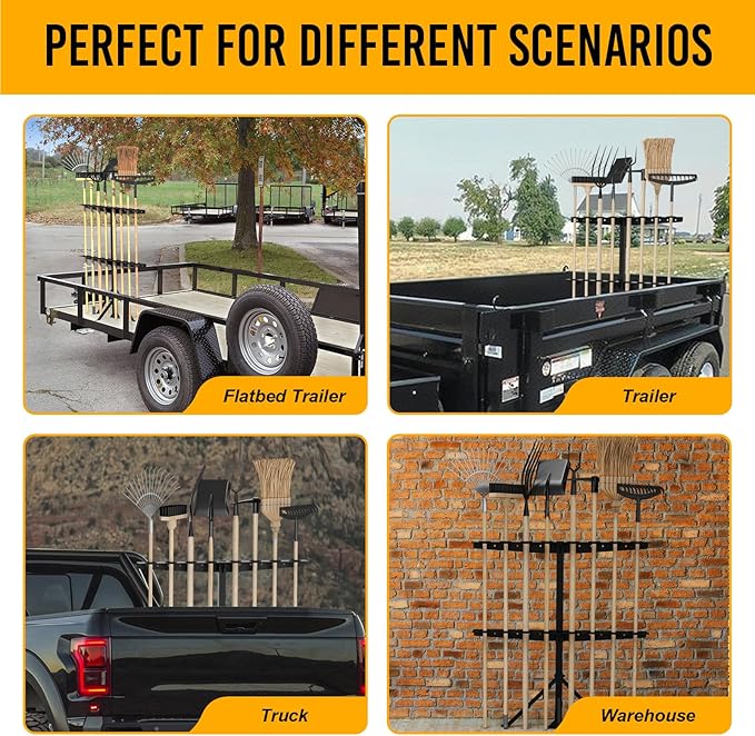 Utility Trailer Tool Rack, Shovel Rack for Truck, Rake Shovel Holder Landscape Hand Tool Accessories for Trailer Truck with 8 Rubber Holes with Brackets, Standard Black