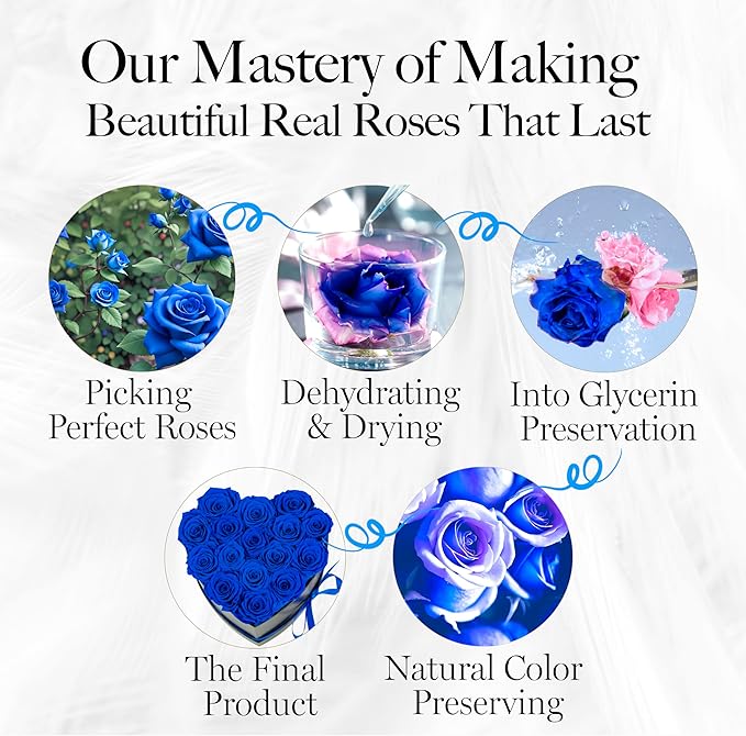 GLAMOUR BOUTIQUE 16 Flower Forever Heart Shape Box, Eternal Preserved Roses Gift for Her, Lasting Flowers, Romantic Floral Keepsake for Birthday, Anniversary or Valentine’s Day, Blue (Color-Treated)