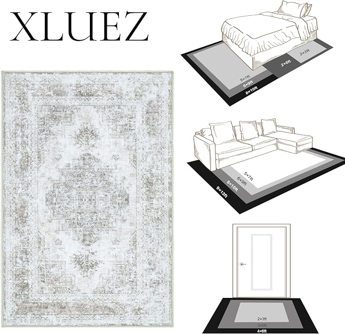 XLUEZ Area Rug 5x7 Living Room Rug, Machine Washable Vintage Distressed Medallion Rug Non-Slip Soft Low Pile Large Indoor Rugs for Bedroom Kitchen Dining Room Office(Taupe,5'x7')