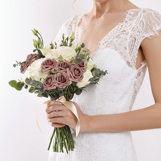Mocoosy 50Pcs Artificial Rose Flowers, Dusty Roses for Decorations, Real Touch Fake Foam Rose Bulk with Stems DIY Wedding Bouquets, Bridal Shower, Mother's Day Floral Arrangements Party Table Decor
