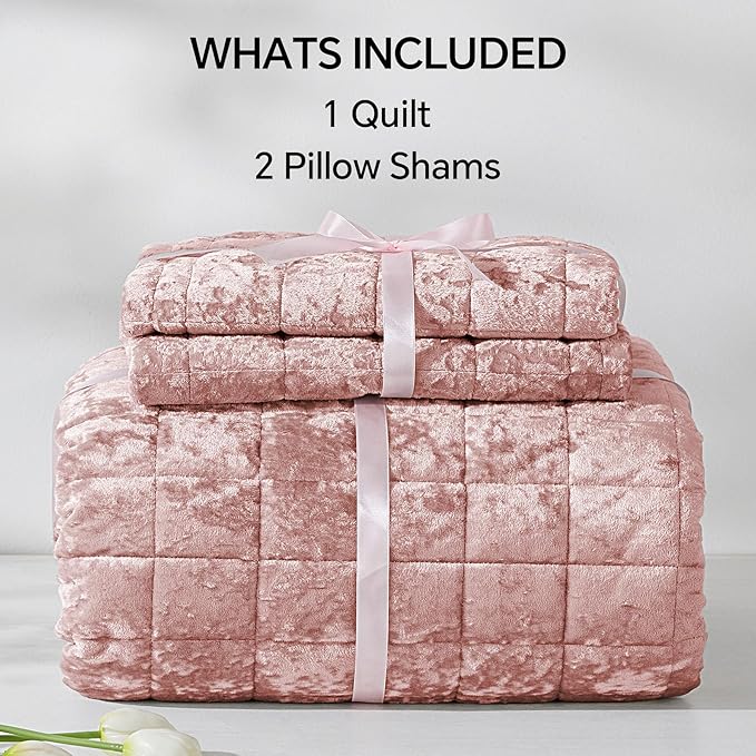 BEDELITE Velvet Quilt Set King Size - Luxury Soft Velvet Comforter Bedding Set for All Season, Lightweight Quilted Box Stitch Oversized Bedspread Coverlet with 2 Matching Shams, Shiny Dusty Pink