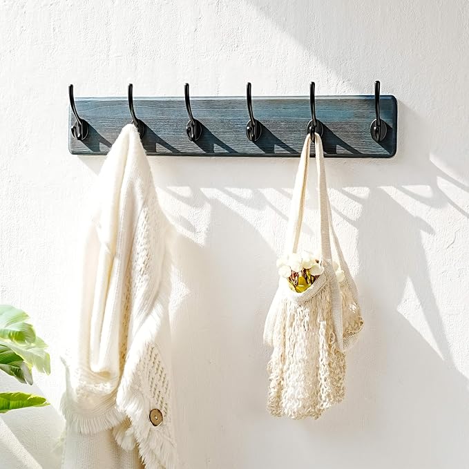 Dseap Coat Rack Wall: 24" Long, Patented, Heavy-Duty, 6-Double-Hooks Wooden Wall Mounted Coat Rack Coat Hanger Hook Rail for Winter Coats Hat Jacket Clothing, Weathered Blue, Pack of 2