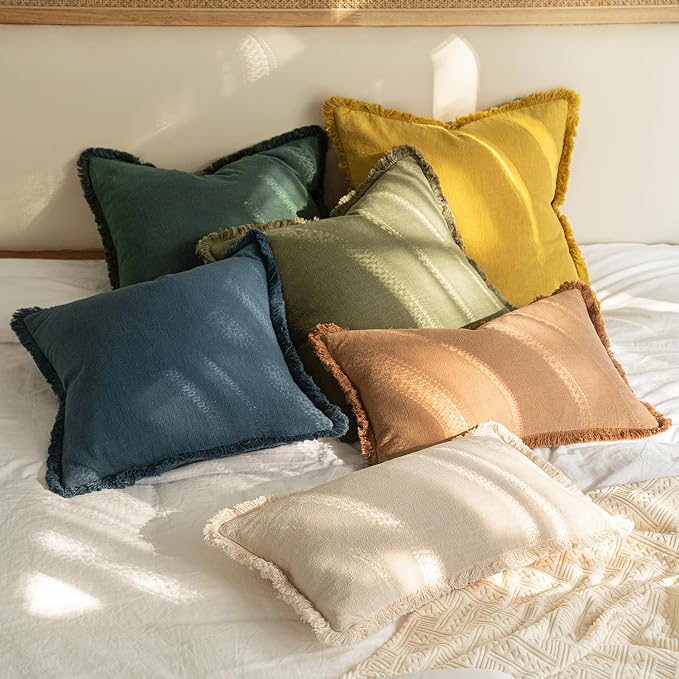 MIULEE Decorative Throw Pillow Covers Neutral Linen Fringe Throw Pillows Set of 2 Navy Blue Boho Farmhouse Cushion Covers with Tassels for Couch Sofa Bed Living Room Spring Home Decor 20x20 Inch