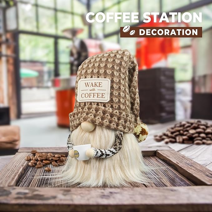 Coffee Gnome - Cute Plush Gnome Holding Cup, Handmade Bar Decor & Accessories, Gift for Coffee Lovers, Swedish Tomte Elf Dwarf for Station, Kitchen, Valentine, Christmas & Home Decorations