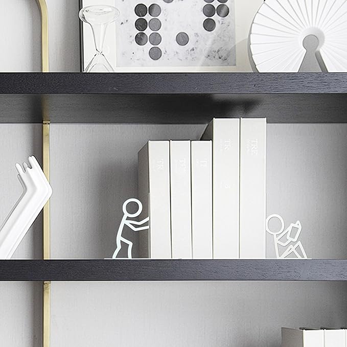 Metal Unique Office Desk Bookends Bookends Decorative Cute Book Ends Reading Decor Bookshelf Decor for Office School Library Bedroom, Book Lovers Gift(White)