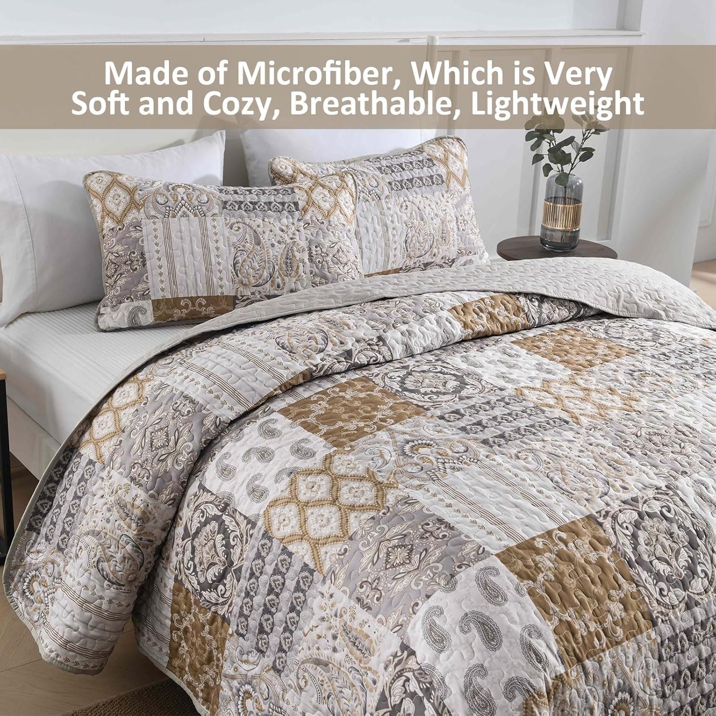 WONGS BEDDING Brown Quilt Set King Size, Patchwork Plaid Bedspread Bedding Sets Paisley Soft Microfiber Quilts for King Bed 3 Pieces Coverlet Set for All Season (104"x90")