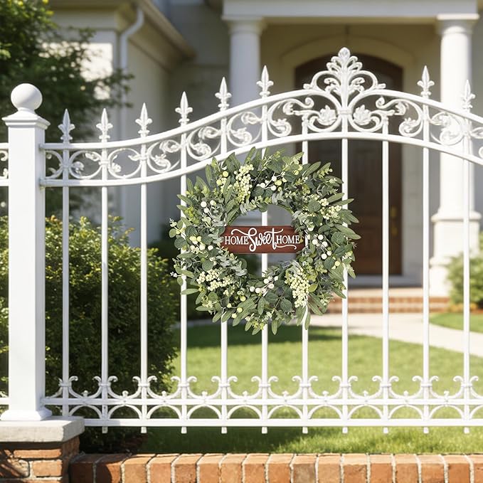 Artificial Eucalyptus Wreaths for Front Door, Spring Summer Wreath with Welcome Home Sign, Olives Leaves, Mixed Berries for Indoor Outdoor Farmhouse Porch Wall Window Festival Décor 20 Inch