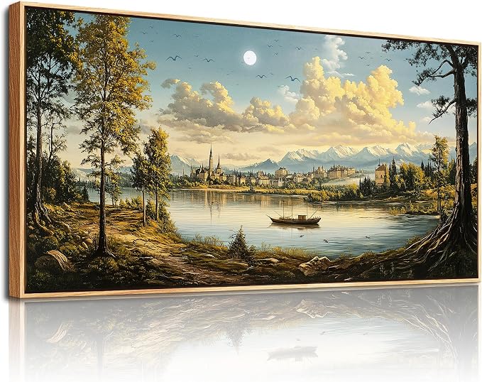 XIGUANGART Landscape Wall Art, Nature Wall Art, Large Framed Wall Decor, Riverside Farm Canvas Art Prints,Vintage Rustic Farmhouse Wall Decor Paintings for Living Room Bedroom Bathroom Kitchen 20"X40"