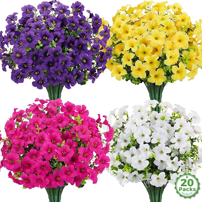 20 Bundles Artificial Petunias Flowers for Outdoors, Faux Silk Flowers UV Resistant Realistic Fake Plants for Outside Planters Porch Patio Yard Garden Spring Summer Home Decor, Multicolor