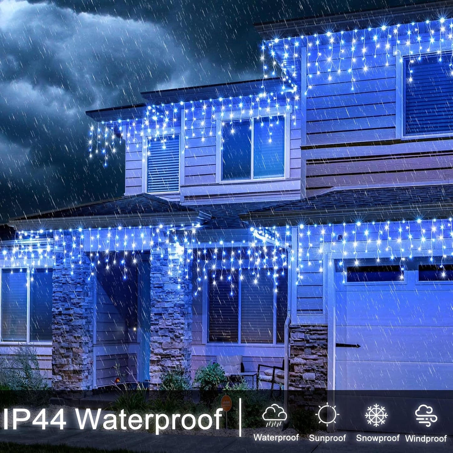 Icicle Christmas Lights Outdoor, 66ft 640 LED Blue and White Christmas Lights 8 Modes with 120 Drops, Waterproof Icicle Light Plug in for Indoor Outside Party Holiday Xmas Halloween Decorations