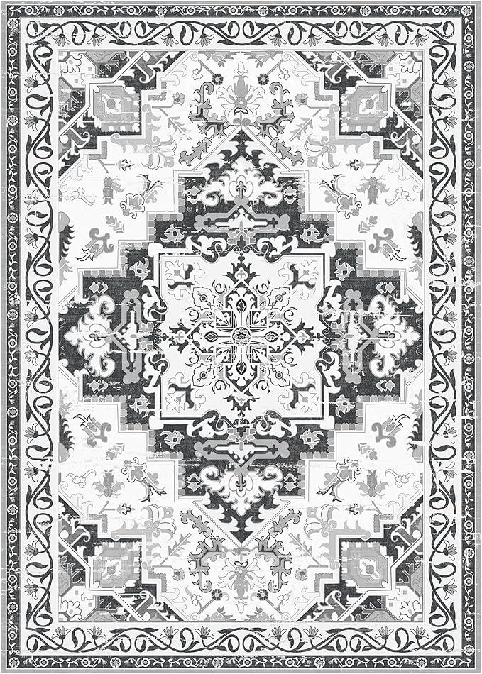 Rugflix 6x9 Area Rug for Living Room, Machine Washable Area Rugs with Non-Slip Backing, Large Soft Boho Vintage Rug for Bedroom, Dining Room, Low Pile Carpet, Kids Pet Friendly, Grey