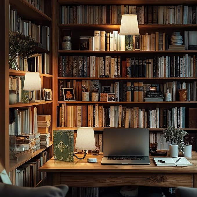 Vintage Bookshelf Lamp Rechargeable, Cordless | Linen Shade, Dimmable Touch Control, Modern Decorative Bookend, Book Lamp Design