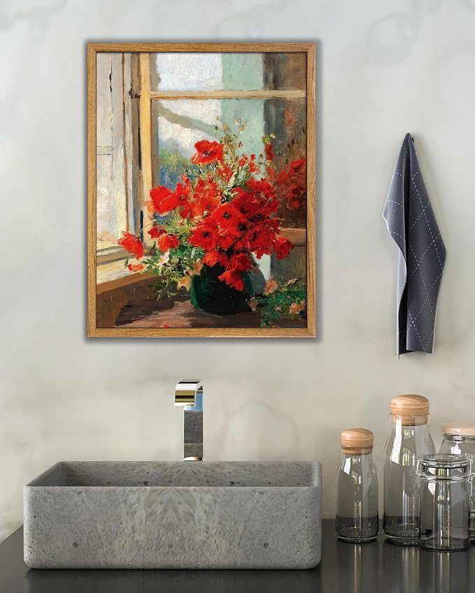 UPWOIGH 8x10 Framed Red Poppies Wall Art | Oil Painting Canvas Print, Vintage Farmhouse Style, Rustic Floral Décor, Living Room Bedroom Accent