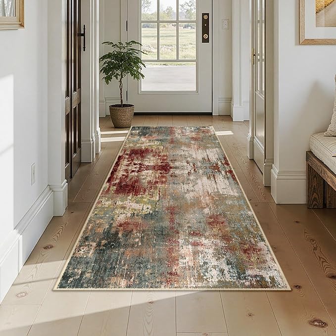 RELEANY Washable Area Rugs 3x7 Non-Slip Modern Abstract Soft for Living Room Entryway Bedroom Nursery, Print Pattern, Brown Rust Red Green Blue Multi
