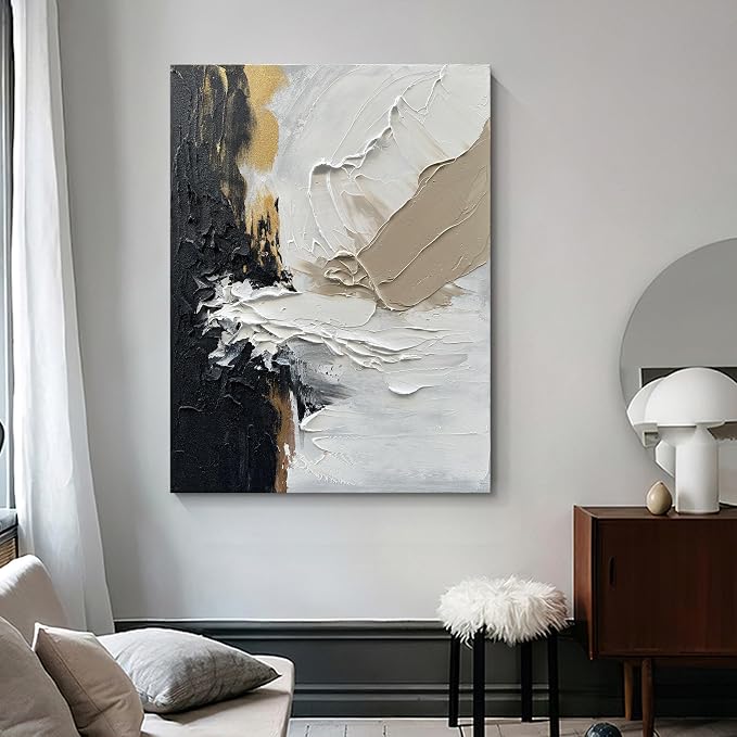 40x28 inch Hand-Painted White and Black Texture Abstract Art Modern Minimalist Home Office Wall Decoration Painting