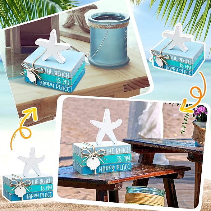 Pinkunn 4 Pcs Beach Themed Room Decor, Blue Starfish Seashell Coastal Block Wooden Block Beachy Centerpiece Decorative Signs & Plaques for Summer Home Office Desk Shelf Home