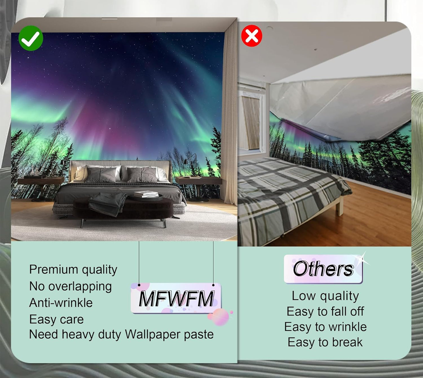 Wall Mural Multicolored Aurora Borealis Forest Night Wallpaper for Bedroom Living Room (Not Peel n' Stick)