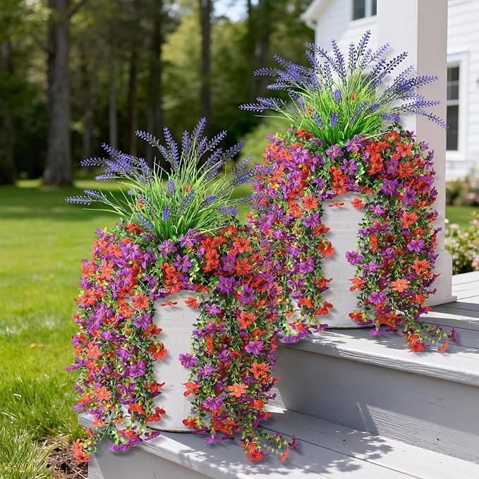 Artificial Fake Flowers Plants for Outdoor Decoration,3 Pcs Faux Hanging Flowers with Lavender Spring Summer Decor,UV Resistant Realistic Fake Silk Flowers for Planter Balcony Yard Porch Garden Decor