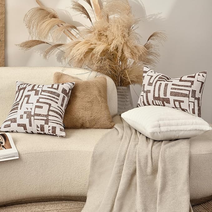 Throw Pillow Cover 20x20, Double Sided Geometric High Density Jacquard Pillow Covers for Sofa, Bed, Rattan Chair, Bedroom, Living Room(Brown)