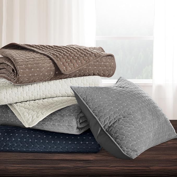 Levtex Home - Velvet Stitch Quilt Set - King Quilt (106x92in.) + Two King Shams (36x20in.) - Velvet - Off-White, White - Reversible - Polyester