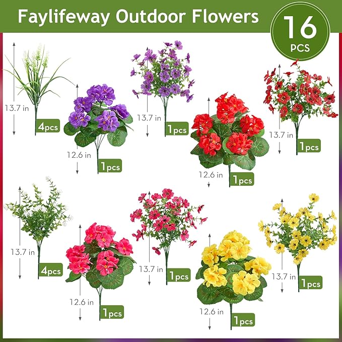 16 Bundles Artificial Flowers for Outdoors, UV Resistant Silk Faux Flowers for Outside Planters,Garden,Porch,Yard,Home Decor(Mixed Color)