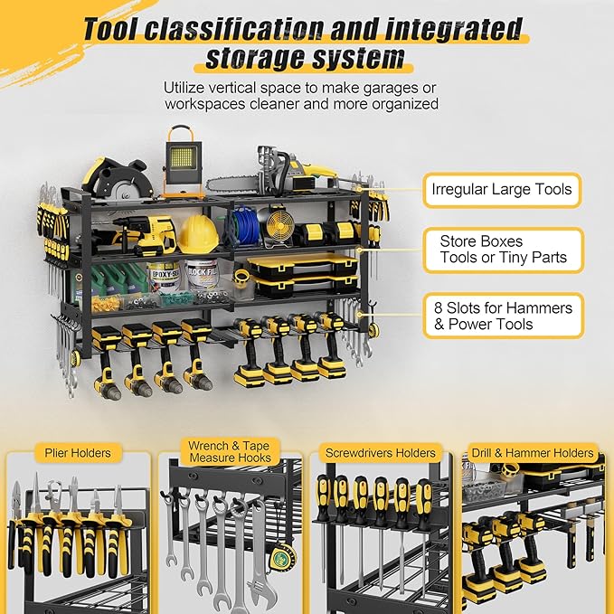 Jusgym Power Tool Organizer Wall Mount |450lbs Garage Storage Rack with 8 Cordless Drill Holder |4-Tier 32''W Heavy Duty Tool Storage Rack for Garage Organization |Gift for Men