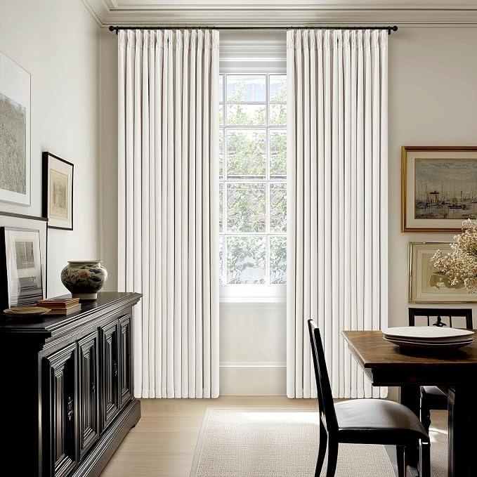 Ivory Beige Pleated 100% Blackout Linen Curtains 90 Inches Long for Bedroom Living Room Memory Trained Pinch Pleat Back Tab Black Out Thermal Noise Blocking Double Layer Windows Drapes 2 Panels Set