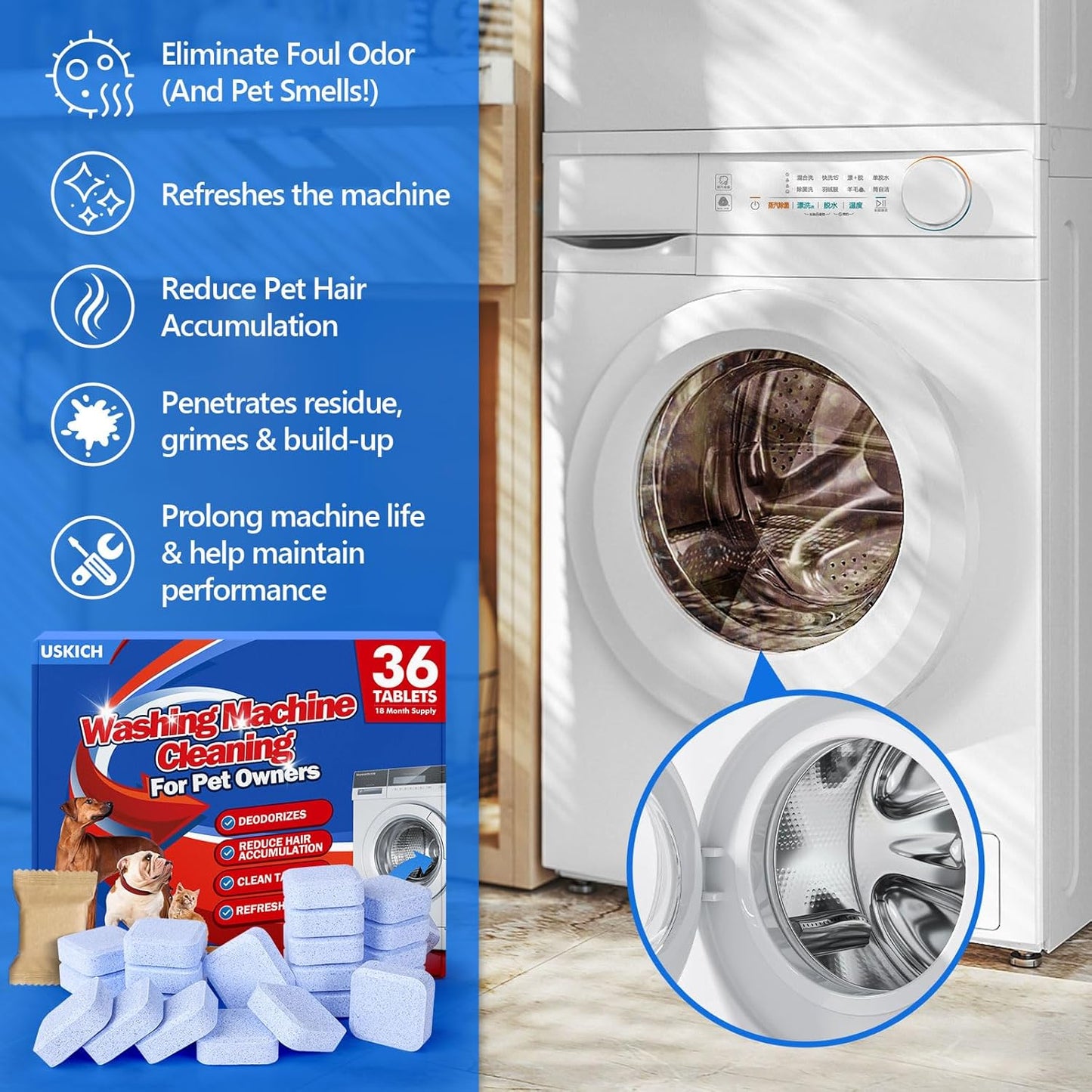 36Pack Washing Machine Cleaner Tablets-18 Month Supply,Washer Machine Cleaner Formulated For Pet Owners,Easy Pet Hair Remover for Laundry,Compatible with HE, Top & Front Load Washer.Septic Safe