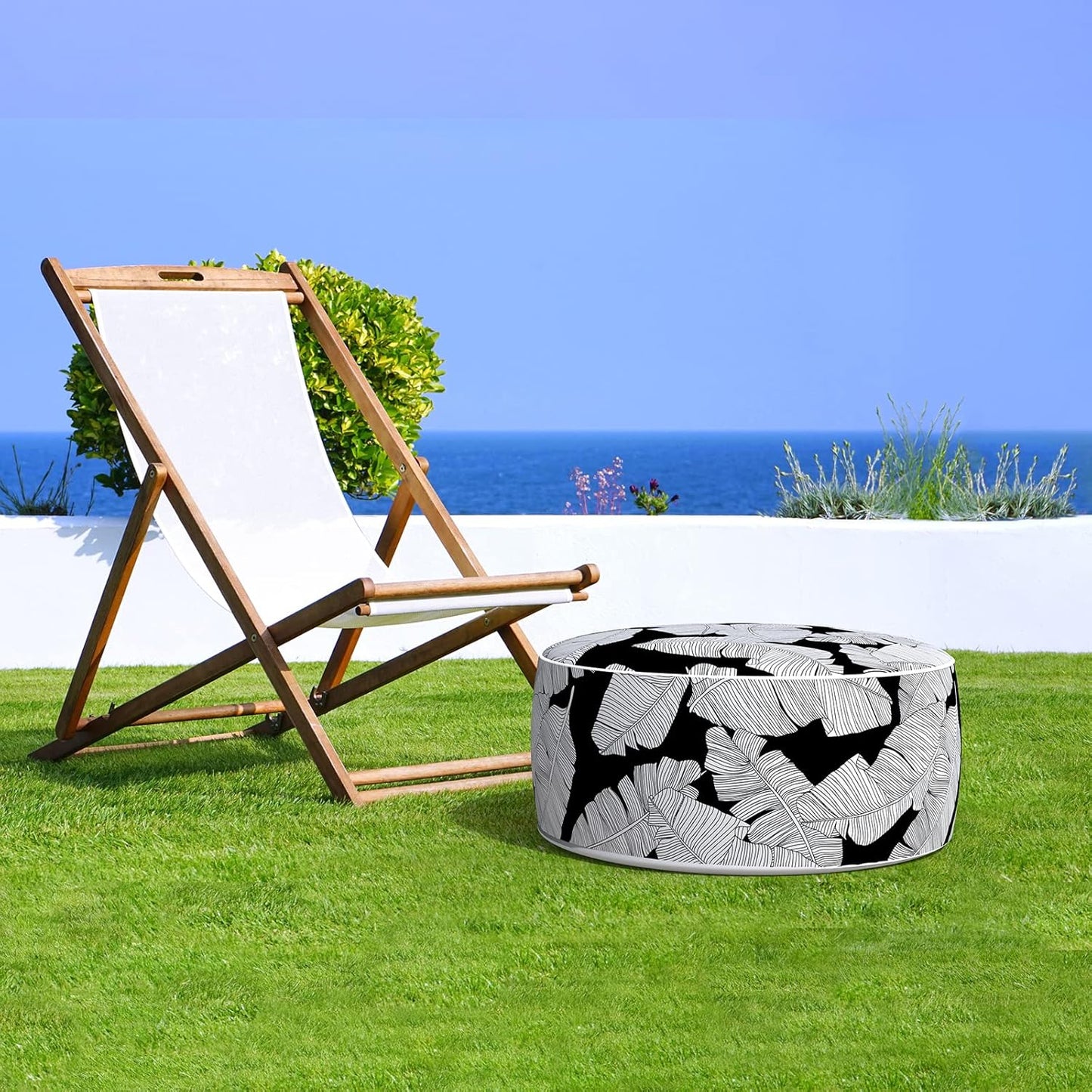 LVTXIII Inflatable Stool Ottoman Footrest with Handle, Indoor or Outdoor Foot Rest for Home Patio Garden and Camping, D21 x H9, Black Lush Leaf Jungle