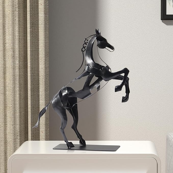 SunBlogs Art Metal Horse Statue Décor, Handmade & Hand-Painted Modern Western Horse Decoration, Rustic Iron Sculpture Gifts for Home Office for Horse Lovers (Black)