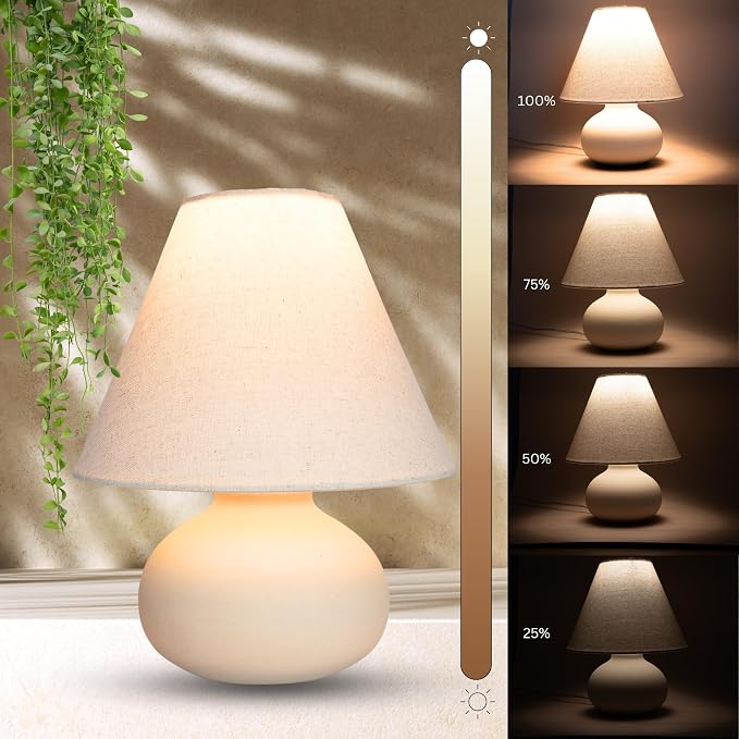 11" Small Table Lamp β Handmade Round Ceramic Cream Base with Off-White Fabric Shade, Dimmable Plug-in Nightstand or Accent Light β Organic Boho Japandi Decor for Bedroom or Small Spaces