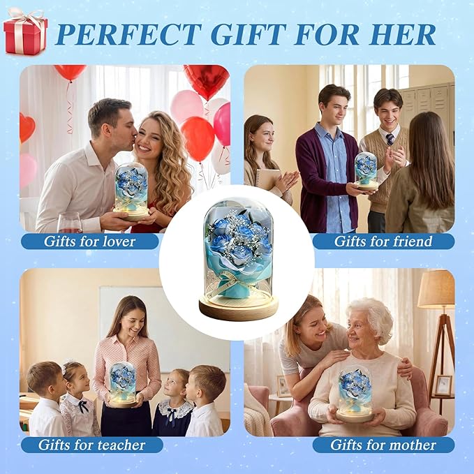 Mother's Day Gifts for Mom Rose Gifts for Her Birthday Gift for Women Glass Rose in Glass Dome Forever Eternal Ice Blue Roses with AnniversaryValentines Day Gifts for Daughter Mom Wife Girlfriend