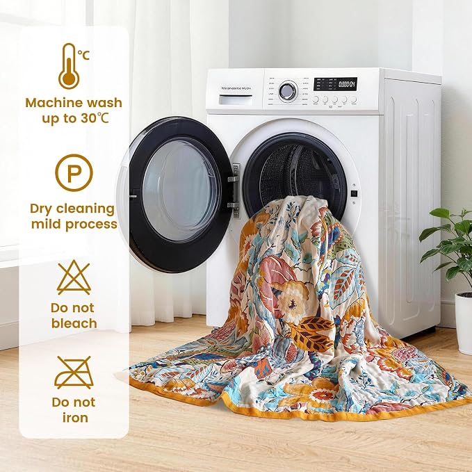 MSGKV Boho Throw Blanket 50"x60" Floral Cotton Blanket for Couch Sofa Summer Breathable Lightweight Farmhouse Blankets Home Decor Muslin All Seasons