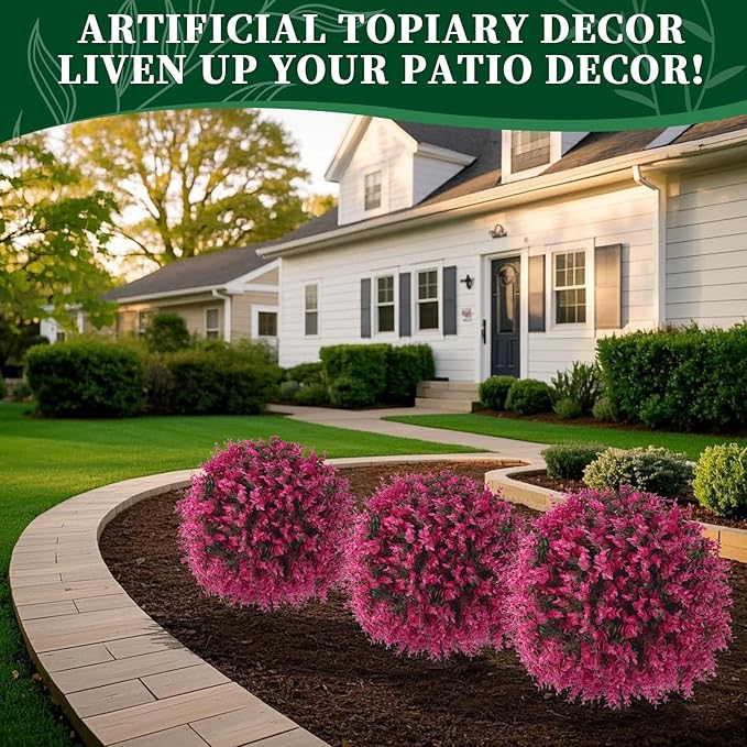 Artificial Pink Eucalyptus Topiary Ball Trees, 2 Set of 16'' UV Resistant Fake Evergreen Shrubs Bushes Plants with Ground Spike, Fake Plants for Outdoor Indoor Front Porch Garden