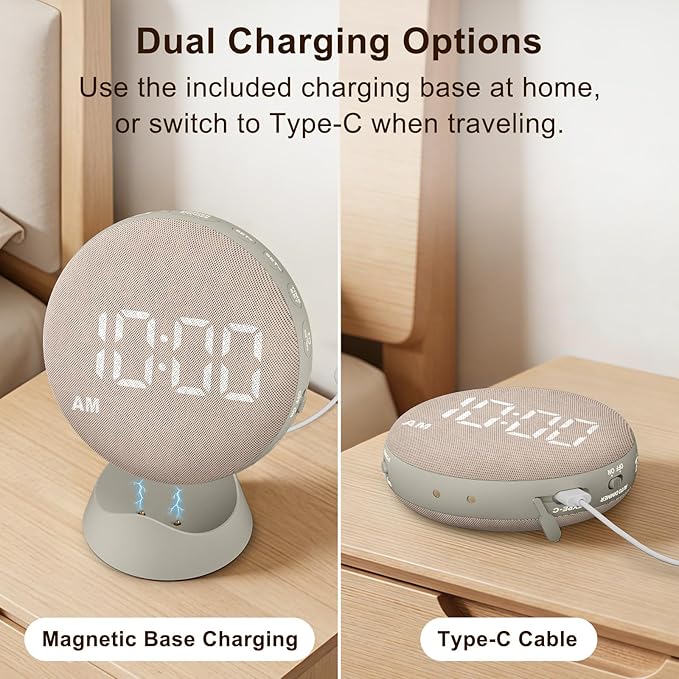 SolaceRise Super Loud Alarm Clock for Heavy Sleepers: Vibrating Digital Auto-Dim Clock with Bed Shaker for Hearing Impaired - Portable Rechargeable Battery for Bedroom Travel Dorm - Putty