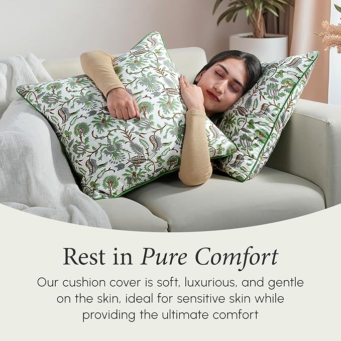 CPC 100% Cotton Throw Pillow Covers 20x20 Inch, Set of 2 Green Block Print Pattern Couch Pillow, Cute Boho Decorative Pillows for Living Room, Bedroom with Hidden Zipper- Mint Leaf