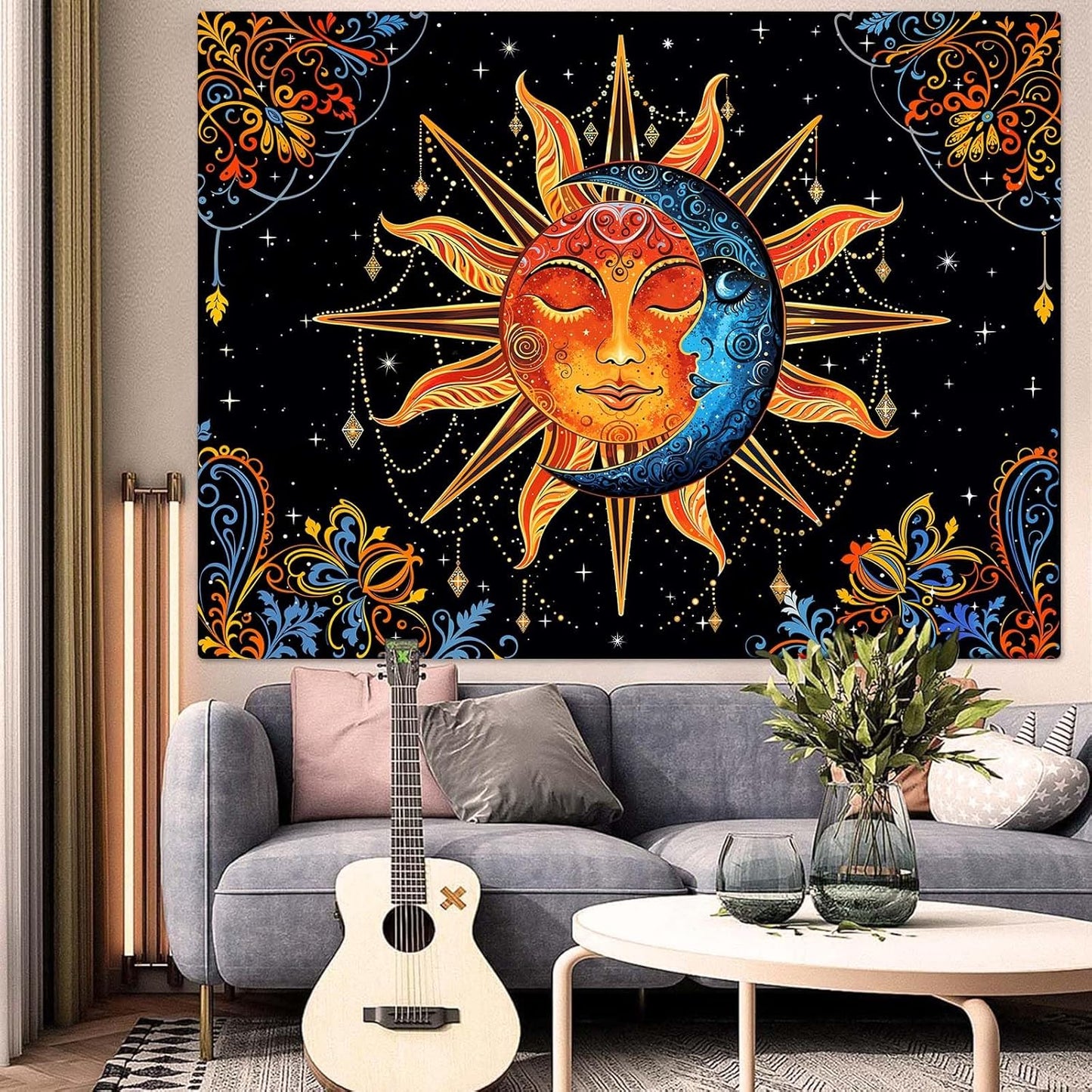 Lunerfex Sun and Moon Tapestry Mandala Wall Tapestry, Cute Tapestries for Bedroom Ceiling Tapestries Wall Hanging for Bedroom Living Room Decor Sun-1 44"x60"