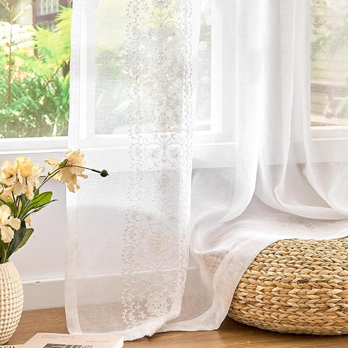 jinchan Weslie Floral White Sheer Curtains for Living Room 96 Inch Long Embroidered Voile Farmhouse Linen Curtains for Bedroom Bordered Flower Patterned Cottage Core Window Drapes 2 Panels Off White