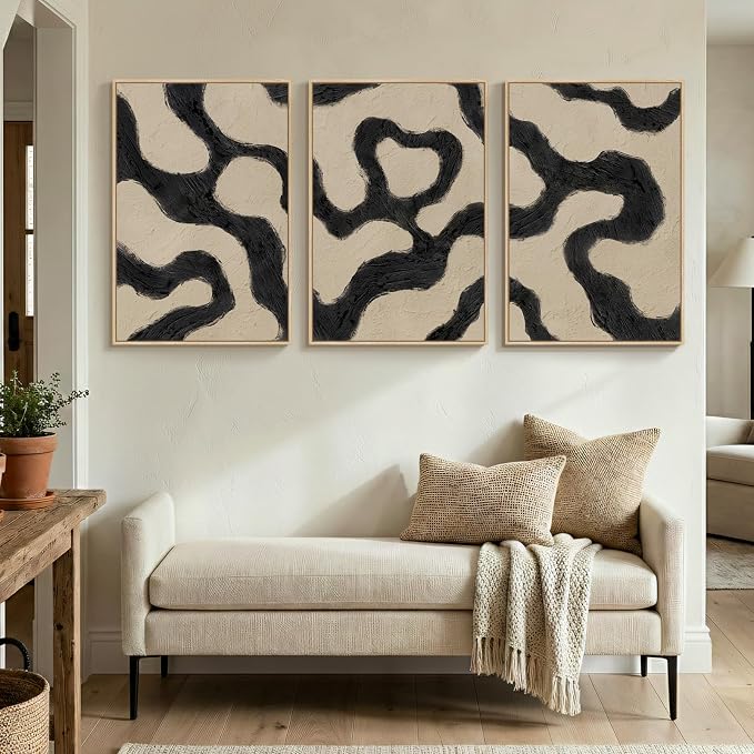 Framed Neutral Abstract Wall Art for Living Room, 3 Piece Black and Beige Mid Century Modern Painting Print, Large Line Canvas Artwork for Dining Room Bedroom Hallway Office Walls Decor, 24x36 Inch
