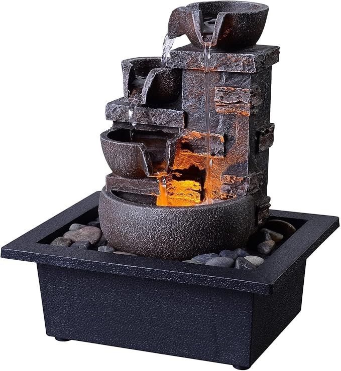 Kalona Décor Desktop Fountain - 10" 4-Tier Design with Imitation Stone, Indoor Waterfall Tabletop River Rocks & Resin Material for Serene Meditation & Relaxation - Ideal for Home & Office Decor