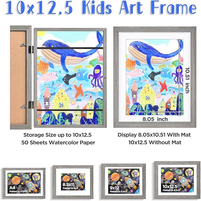 KINLINK 10x12.5 Kids Art Frame Set of 2, Solid Wood Kids Artwork Frames Changeable with Front Opening Hold 150 Pictures, Art Frames for Kids Art with Mat,without Mat 10x12.5 Picture Frame Grey