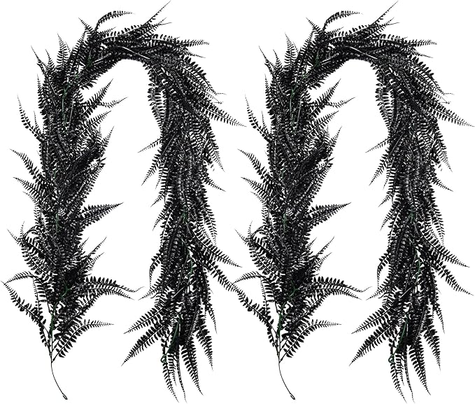 RECUTMS 2pcs Black Garland Artificial Hanging Plants 6 FT Boston Black Faux Ferns Garland Halloween Thanksgiving Party Outdoor Indoor Decor for Home